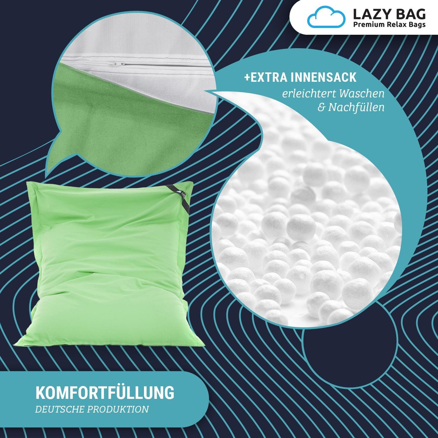 LazyBag Sitzsack LazyBag XXL Sitzsack – Baumwolle, Ergonomisch, Weich & Bequem (Sitzkissen Bean-Bag, Baumwolle Bezug), 180 x 140 cm