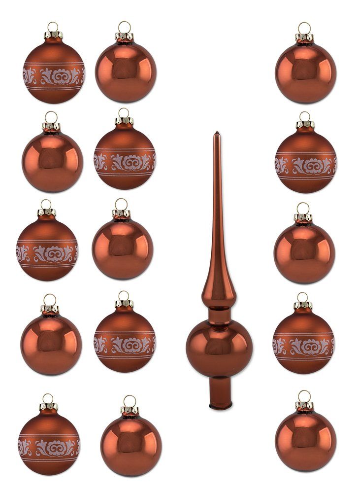Weihnachtsbaumkugel Kupfer mit Glitzer Dekor Romantikbordüre - Christbaumkugeln mit Christbaumspitze aus Glas Rot Braun (16 St), aus Glas