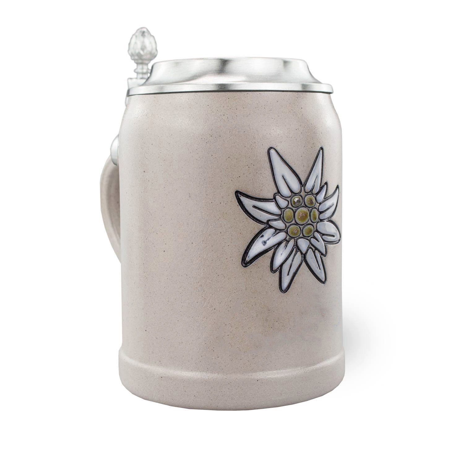 Bavariashop Bierkrug PREMIUM Bierkrug "Edelweiß" • Steinkrug mit Zinndeckel • 0,5 Liter, Steinzeug