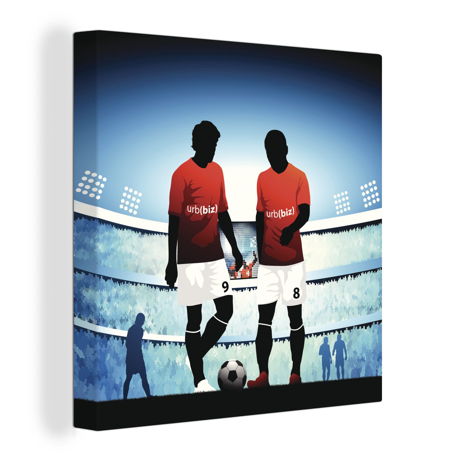 OneMillionCanvasses® Leinwandbild Eine Illustration von zwei Fußballspielern in einem Stadion - Jungen -, (1 St), Leinwand Bilder für Wohnzimmer Schlafzimmer