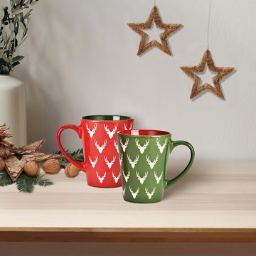 matches21 HOME & HOBBY Tasse Weihnachtstassen 6er Set amerikanisch einfarbig Hirsch, Keramik, Tee Kaffee-Becher, Weihnachten, modern Vintage, rot grün, 360 ml