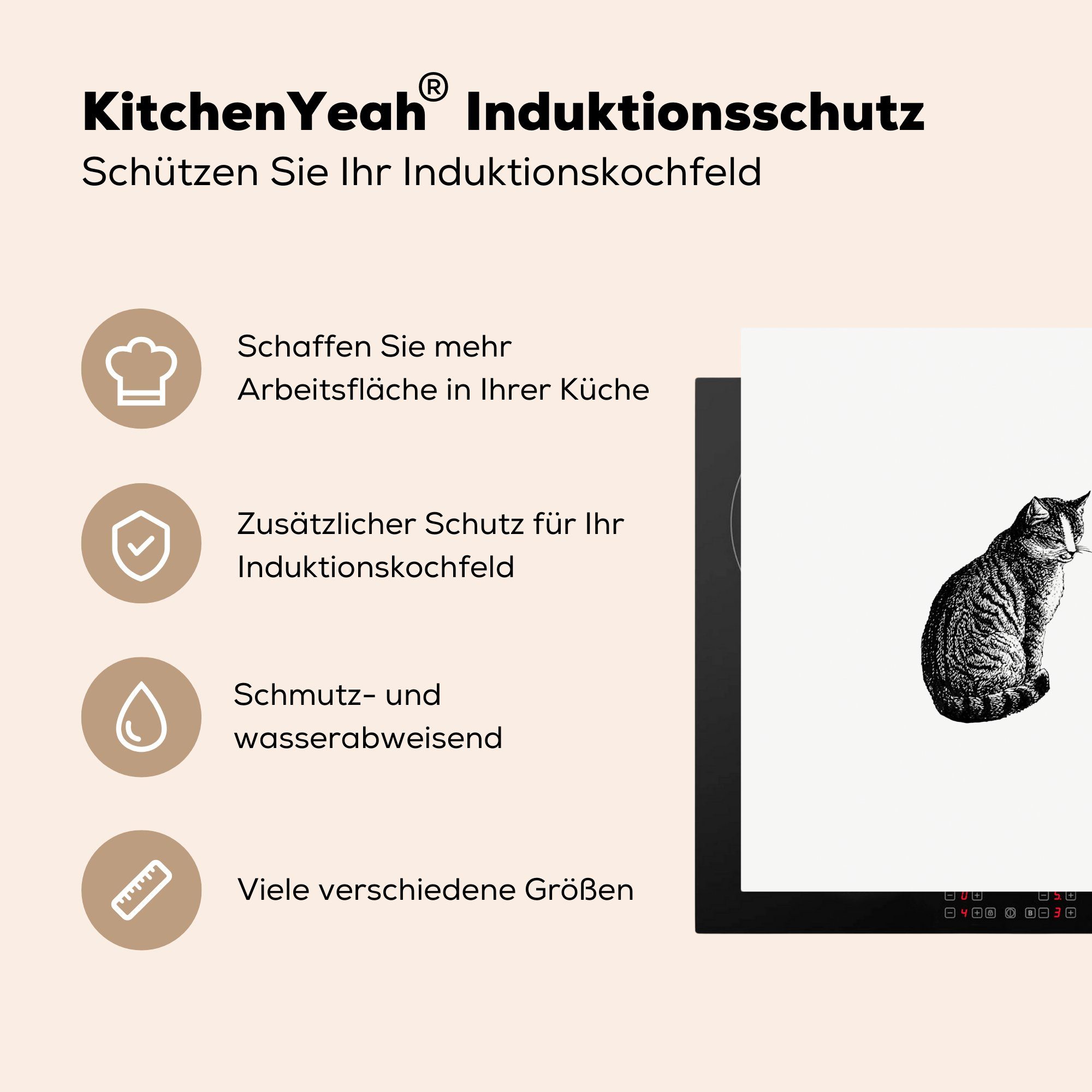 - tlg), Tiere Katze Ceranfeldabdeckung, (1 für küche 78x78 Herdblende-/Abdeckplatte Vintage, Arbeitsplatte - MuchoWow Vinyl, cm,