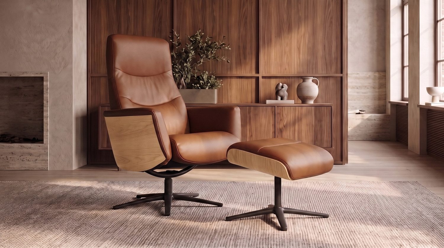 KAWOLA Relaxsessel VANITAS Leder braun Eichenfinish Komfort Drehsessel, 360° drehbar, Relaxfunktion, Kopfstütze, inklusive Fußhocker