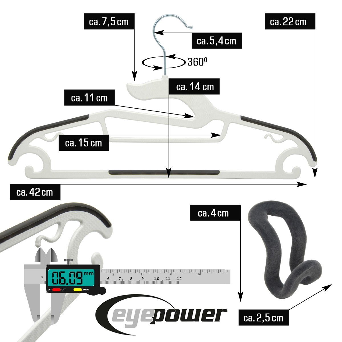 eyepower Kleiderbügel 10 Platzsparender Kleiderbügel Antirutsch Haken-Organizer, 20 weiss Bügel