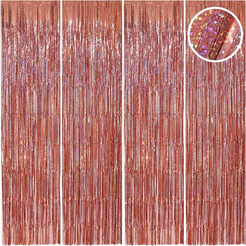 zggzerg Hängedekoration 4 Stück Lametta Vorhänge, Folie Fringe Vorhang Glitzer Deko 1m x 2.45m Roségold