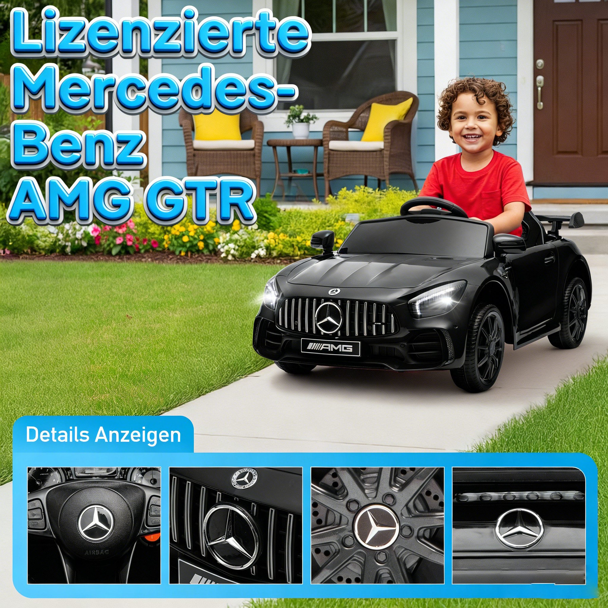 LALAHO Elektro-Kinderauto Elektroauto Kinderauto Benz Mercedes AMG GTR, 2,4G Fernbedienung, 12V,4.5 Ah, Fernsteuerung 2,4GHz,2 x35W Motors,Bluetooth,Musik,USB