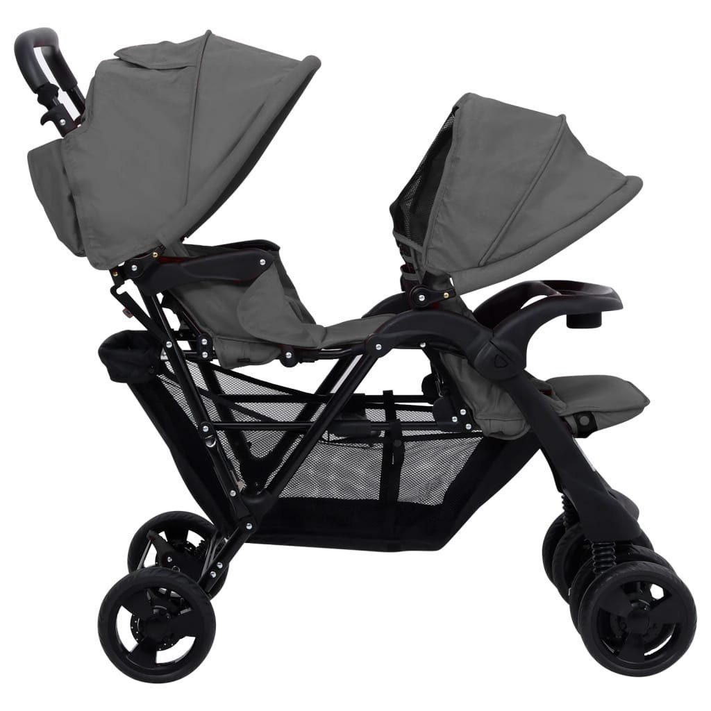 vidaXL Kinder-Buggy Tandem-Zwillingskinderwagen Dunkelgrau Dunkelgrau | Dunkelgrau Stahl