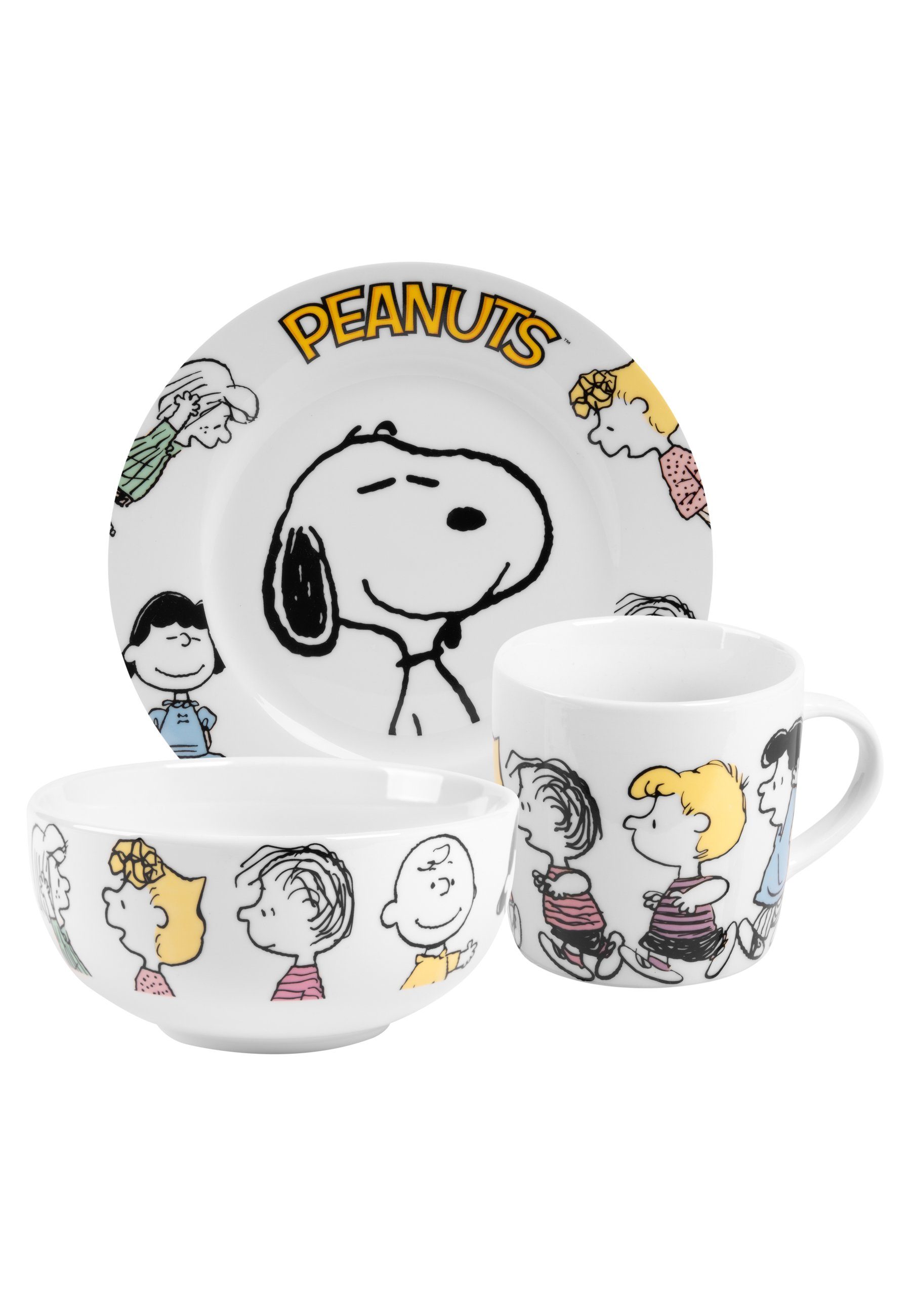 United Labels® Frühstücks-Geschirrset Snoopy Geschirr Set 3-tlg - Family, Porzellan