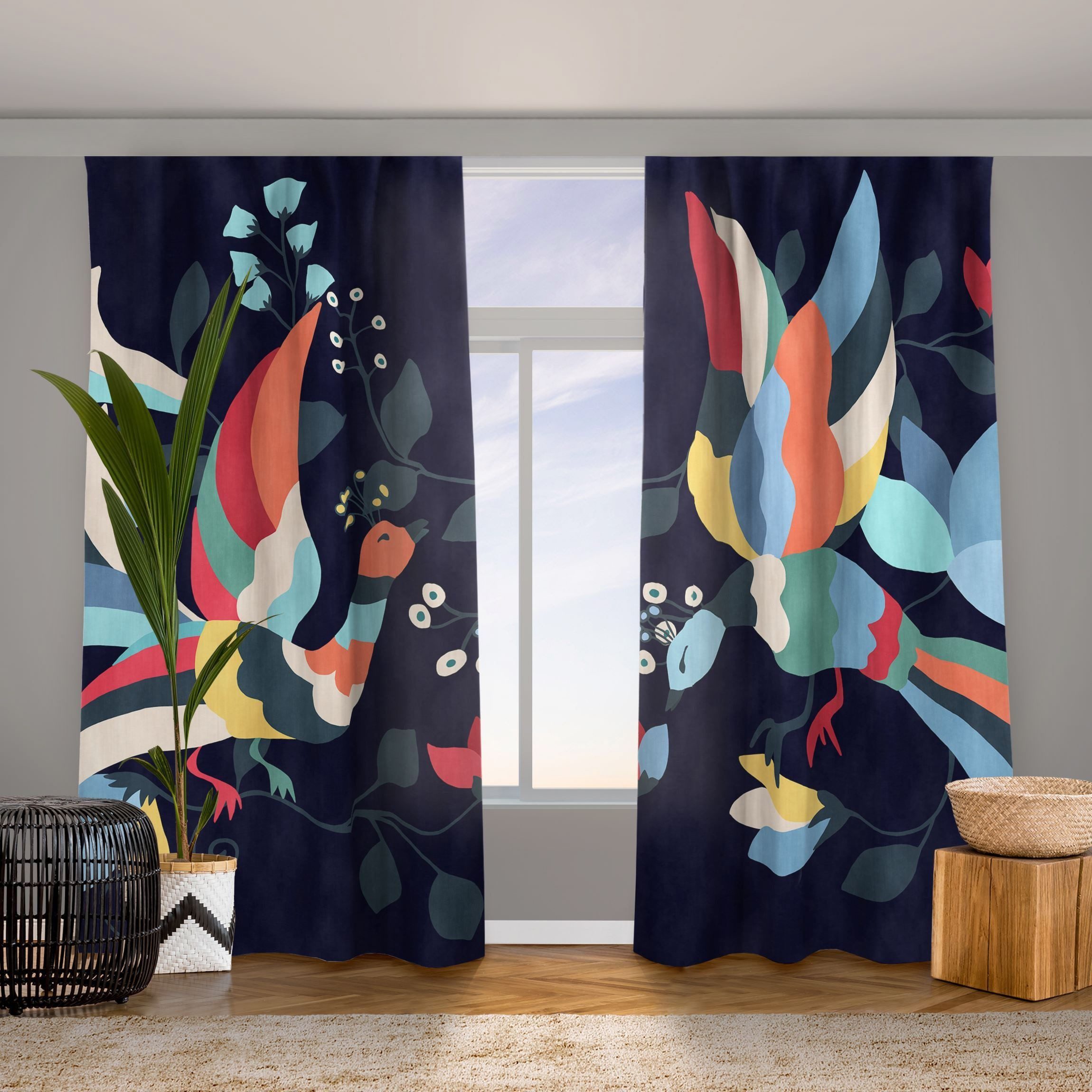 Bilderdepot24 Vorhang Gardine Blumen Natur Modern Bunte Vögel Illustration günstig online kaufen