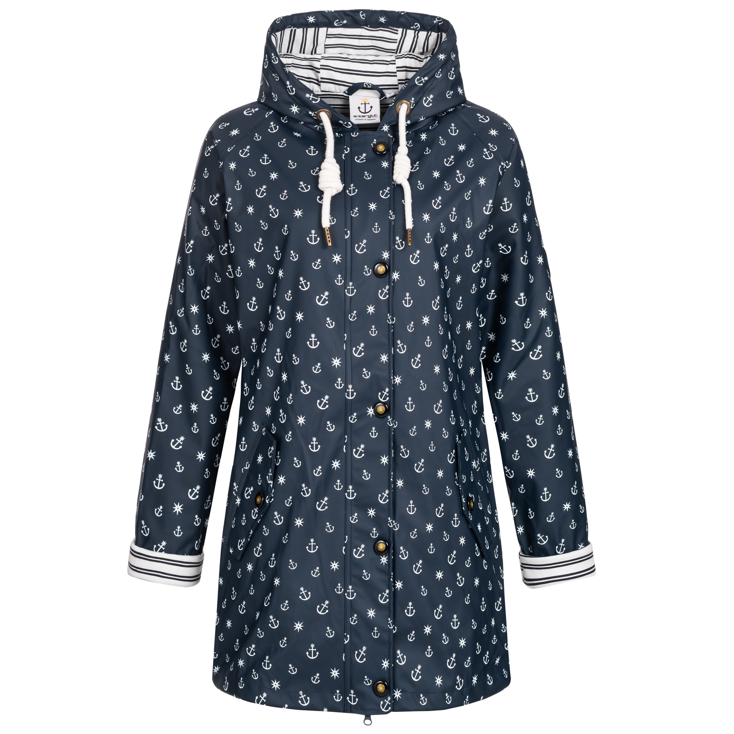 ankerglut Regenjacke Friesennerz Regenmantel, Longjacket mit Ankerprint und Streifenfutter – Bild 5 von 5
