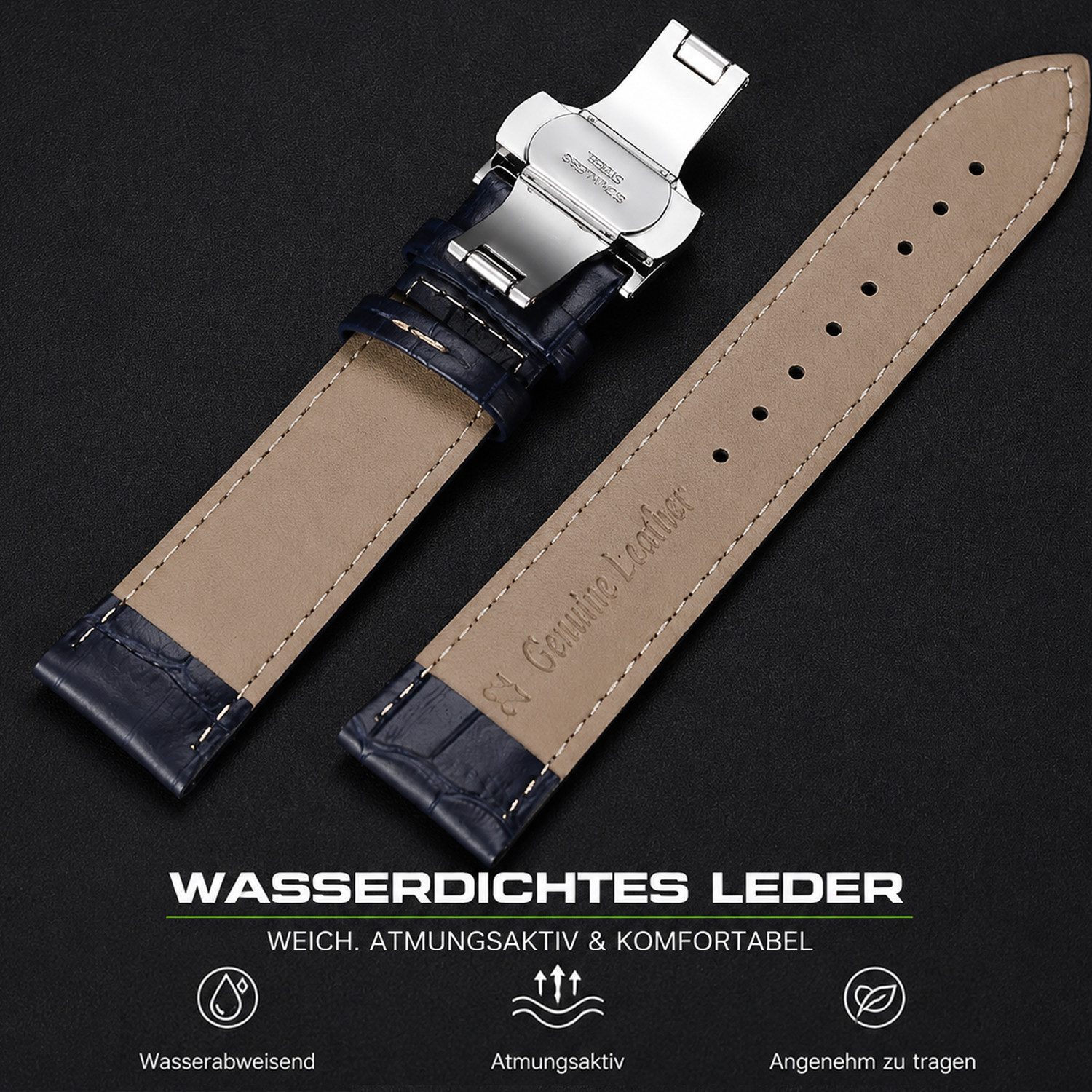 BOOD Uhrenarmband Leder‑Uhrenarmband mit Schmetterlingsschnalle,20/22mm Breiten,5 Farben – Bild 5 von 5