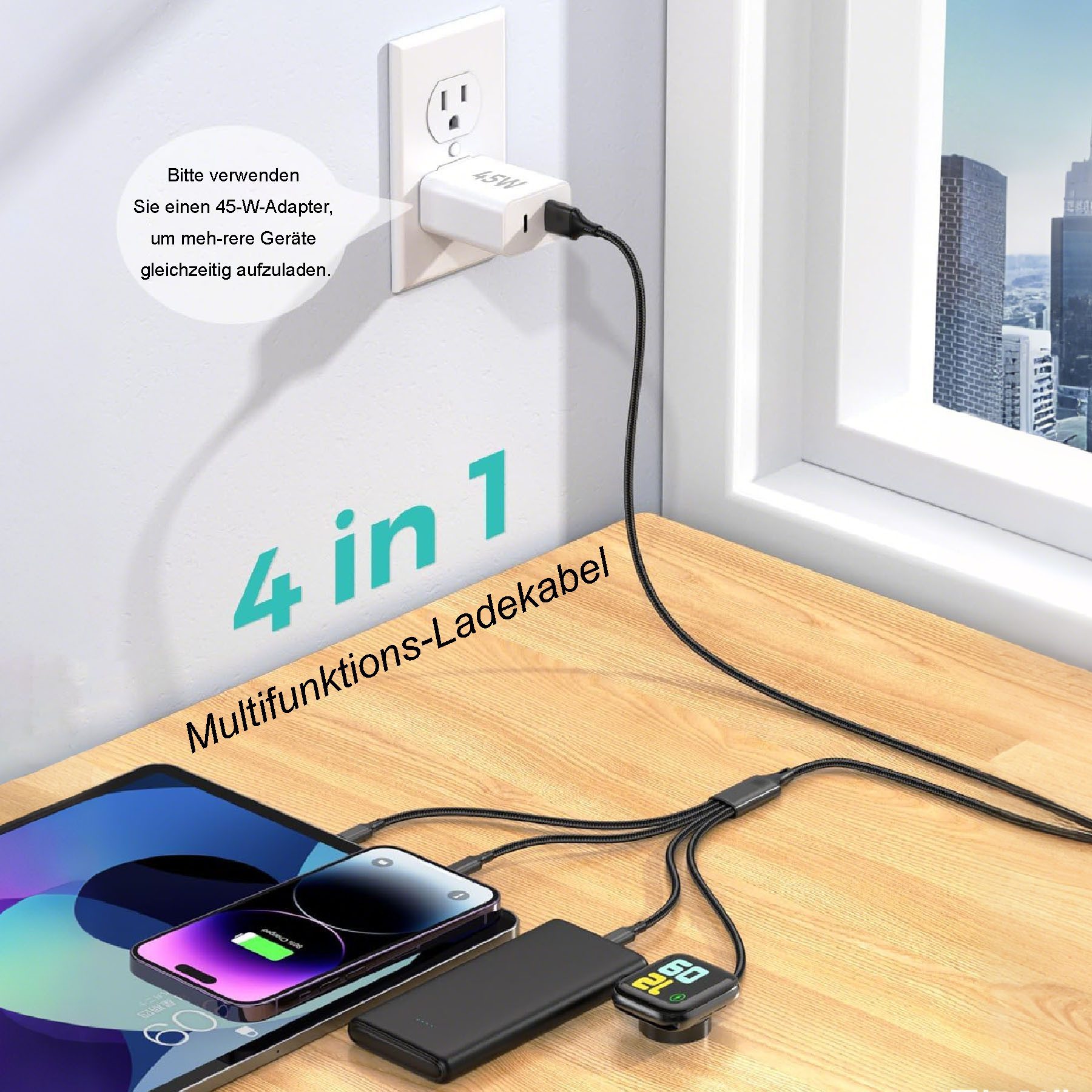 Senmudi Multi Ladekabel 4 in 1 für apple watch Ladegerät Thunderbolt-Kabel, 1.2M Universal Kabel, SchnellLadekabel, Type-c, Micro-USB, für iPhone 16/15/14/13/12/11/iPad/Airpods/iWatch Serien