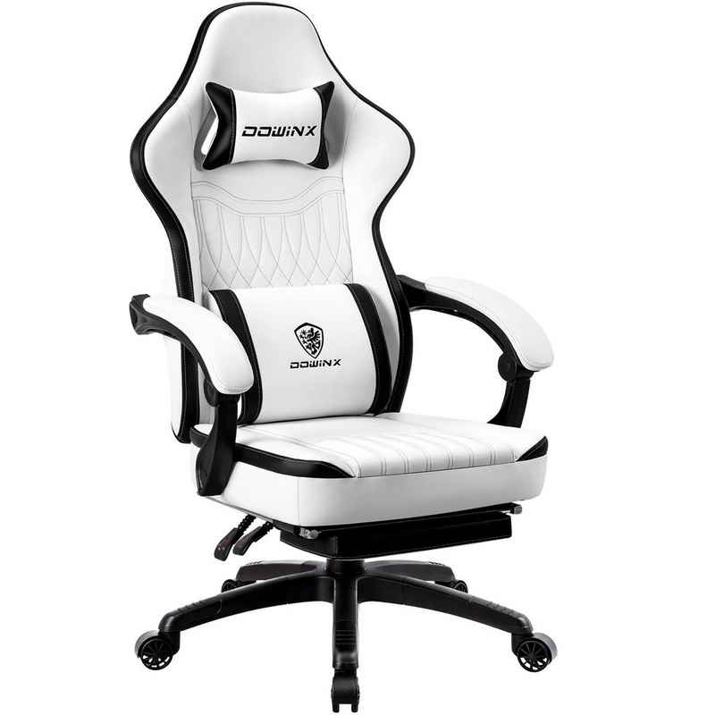 Dowinx Gaming-Stuhl Mit Federkissen, Massage-Lendenwirbelstütze Fußstütze, Rennspielsessel, Ergonomisches Design, PU-Leder, Schwarz und weiß