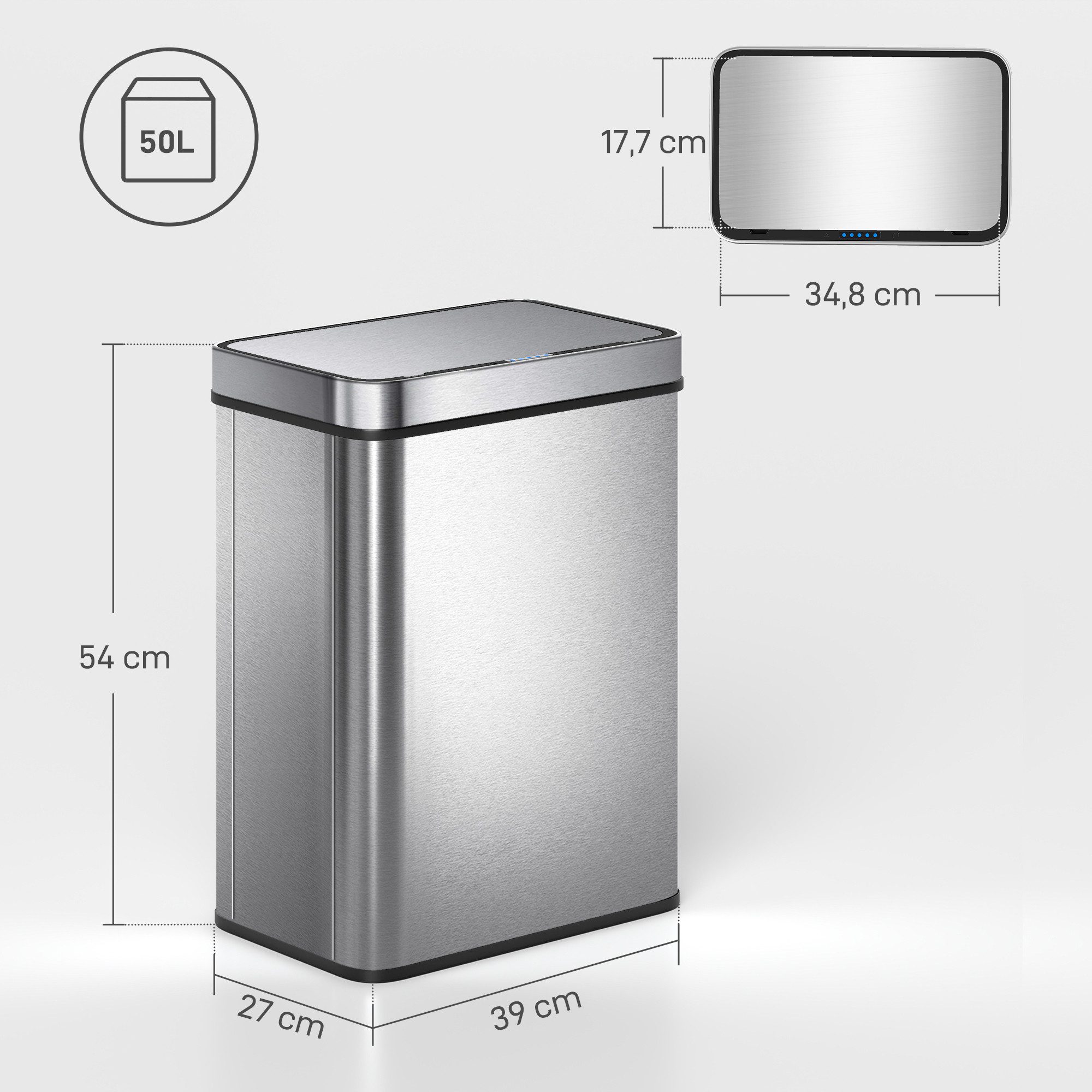 HOMCOM Mülleimer Sensor Edelstahl, Leiser Automatischer Abfalleimer, für Küchen, Büro, Schlafzimmer, Silber