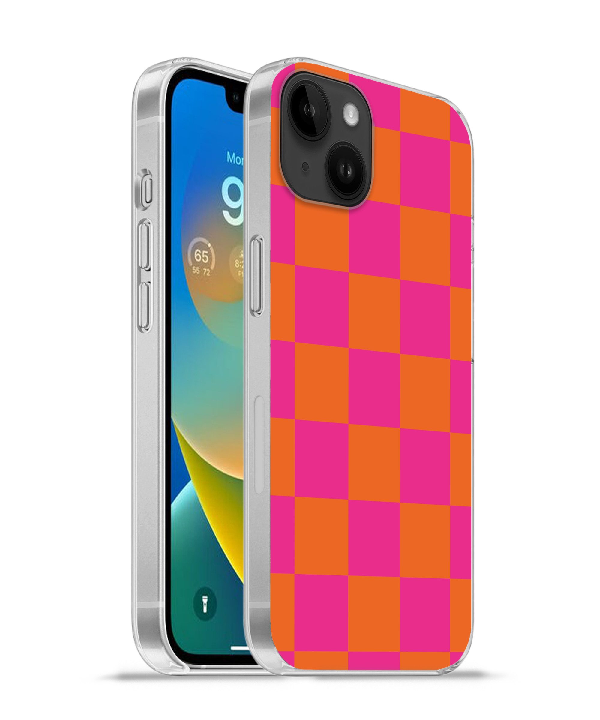 MuchoWow Handyhülle für Apple iPhone 14 Plus Schachbrettmuster - Orange - Rosa - Blöcke, Smartphone-Bumper, Print, Handy Schutzhülle Dünn