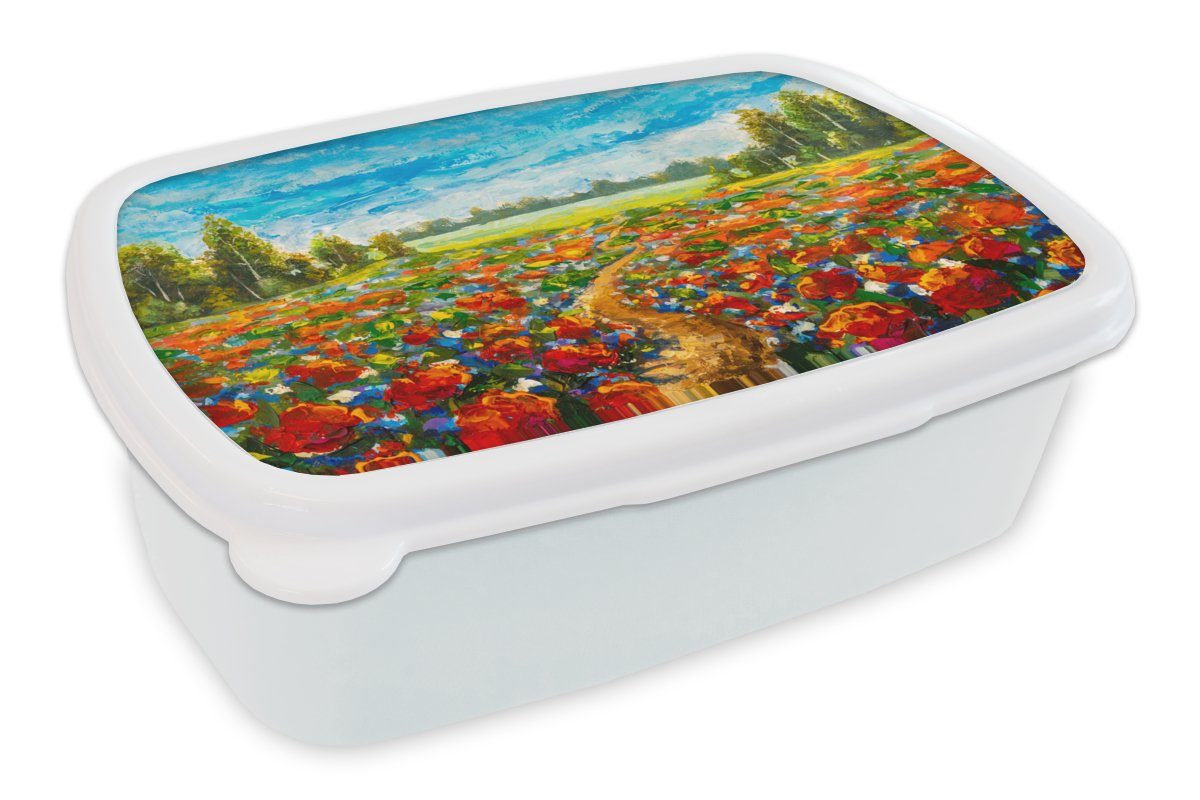 MuchoWow Lunchbox Malerei - Ölfarbe - Blumen - Natur, Kunststoff, (2-tlg), Brotbox für Kinder und Erwachsene, Brotdose, für Jungs und Mädchen weiß