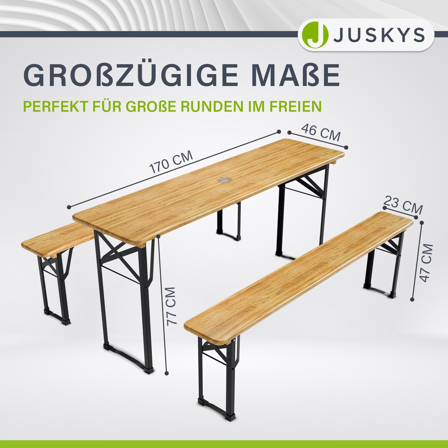 Juskys Bierzeltgarnitur Bichl, (Set, 3-tlg., Bierzeltgarnitur), Wetter & UV-beständig, klappbar, lackiertes Tannenholz, Bodenschoner
