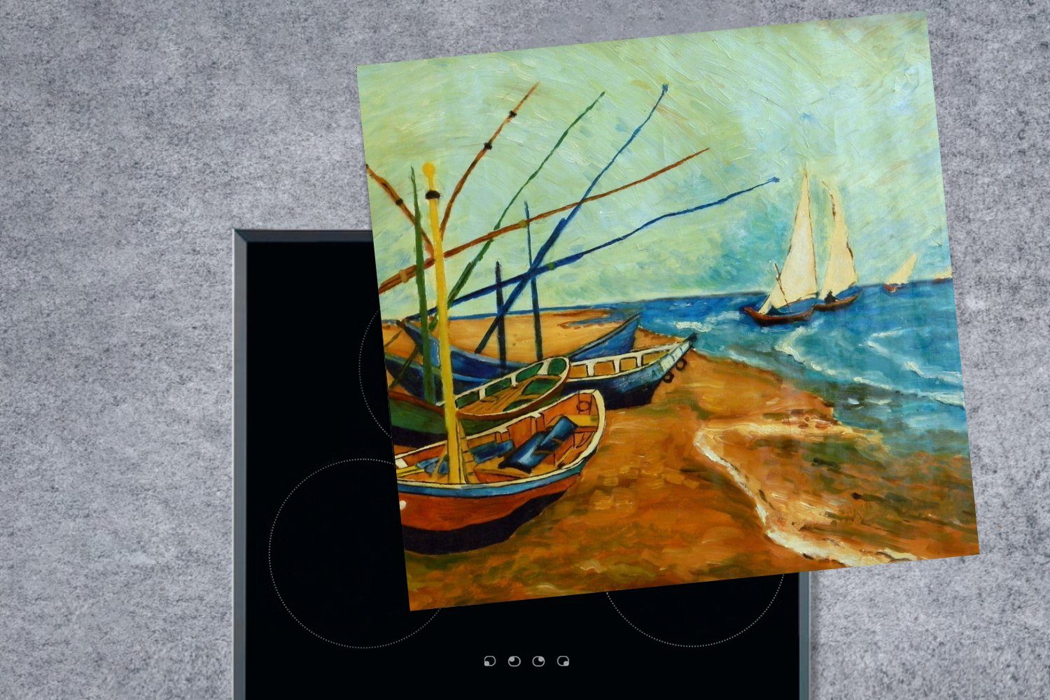 - küche am MuchoWow cm, Strand Ceranfeldabdeckung, Gemälde (1 tlg), 78x78 Gogh, van von Vinyl, Vincent für Arbeitsplatte Herdblende-/Abdeckplatte Fischerboote