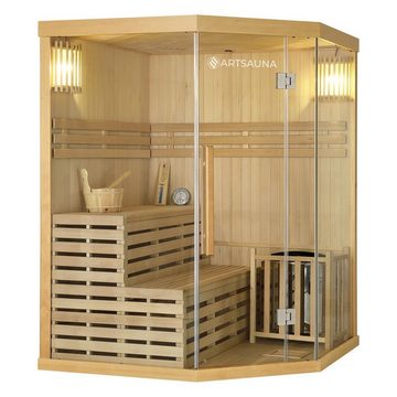 Artsauna Sauna Espoo150 Premium, 50 mm, für 3 Personen, Hemlock Holz, Harvia Ofen, Sanduhr, Thermo-Hygrometer