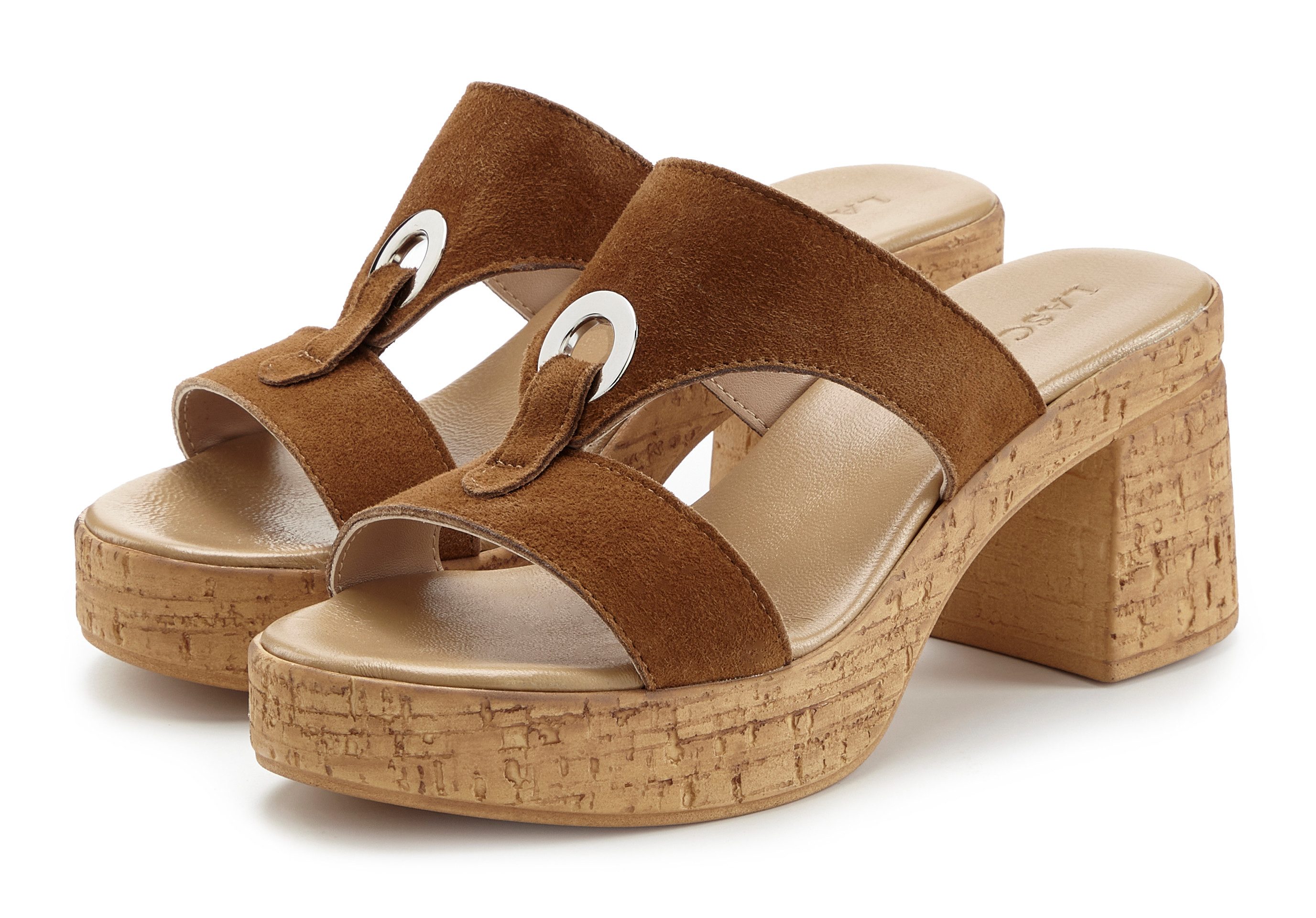 LASCANA Sandale, Mule, offener Schuh, Sommerschuh, Pantolette aus Leder mit Blockabsatz in Kork-Optik