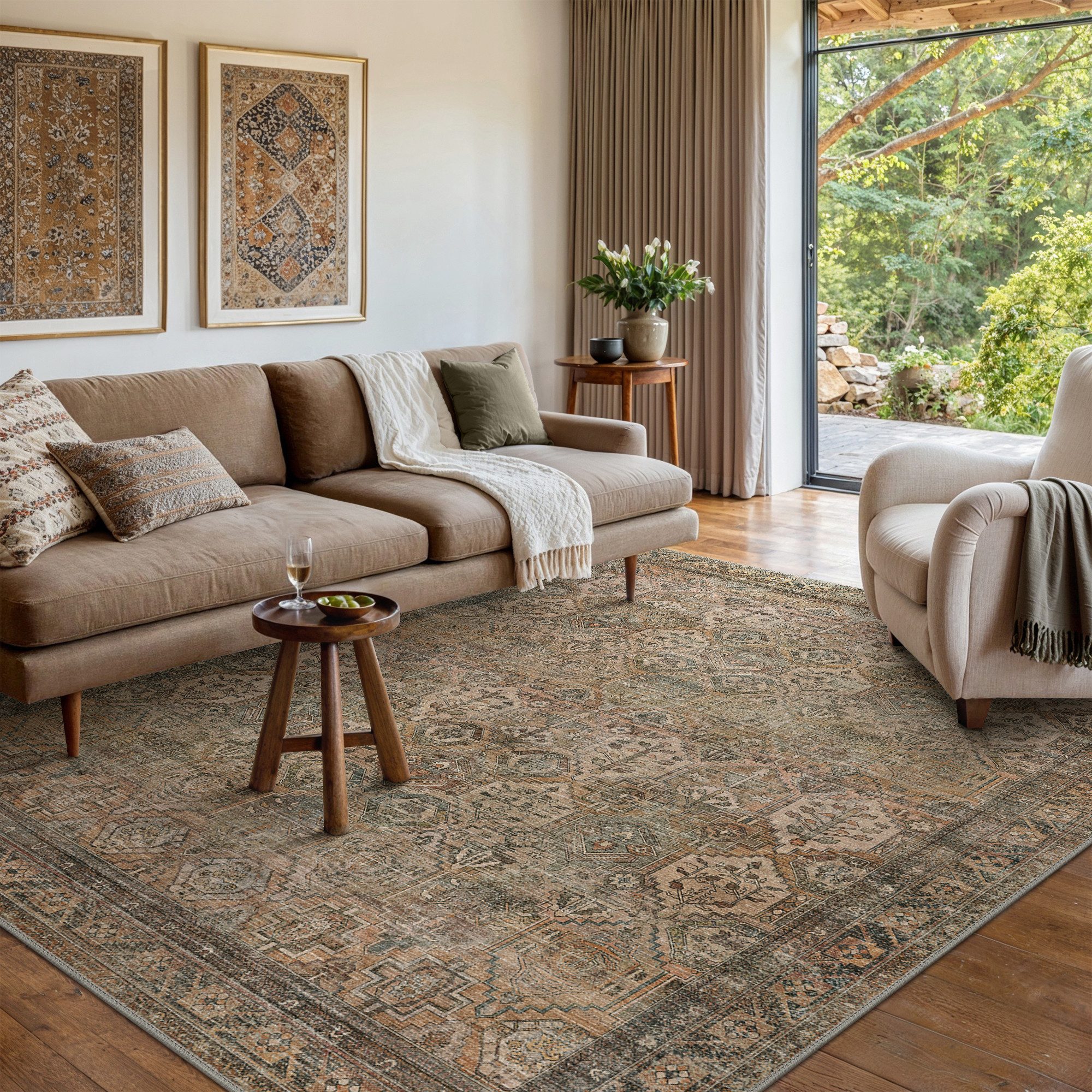 GENIMO Teppich Waschbarer, großer rutschfester Orientteppich im Vintage-Stil, rechteckig, für Badezimmer und Esszimmer, Olivgrün, 160 x 230 cm