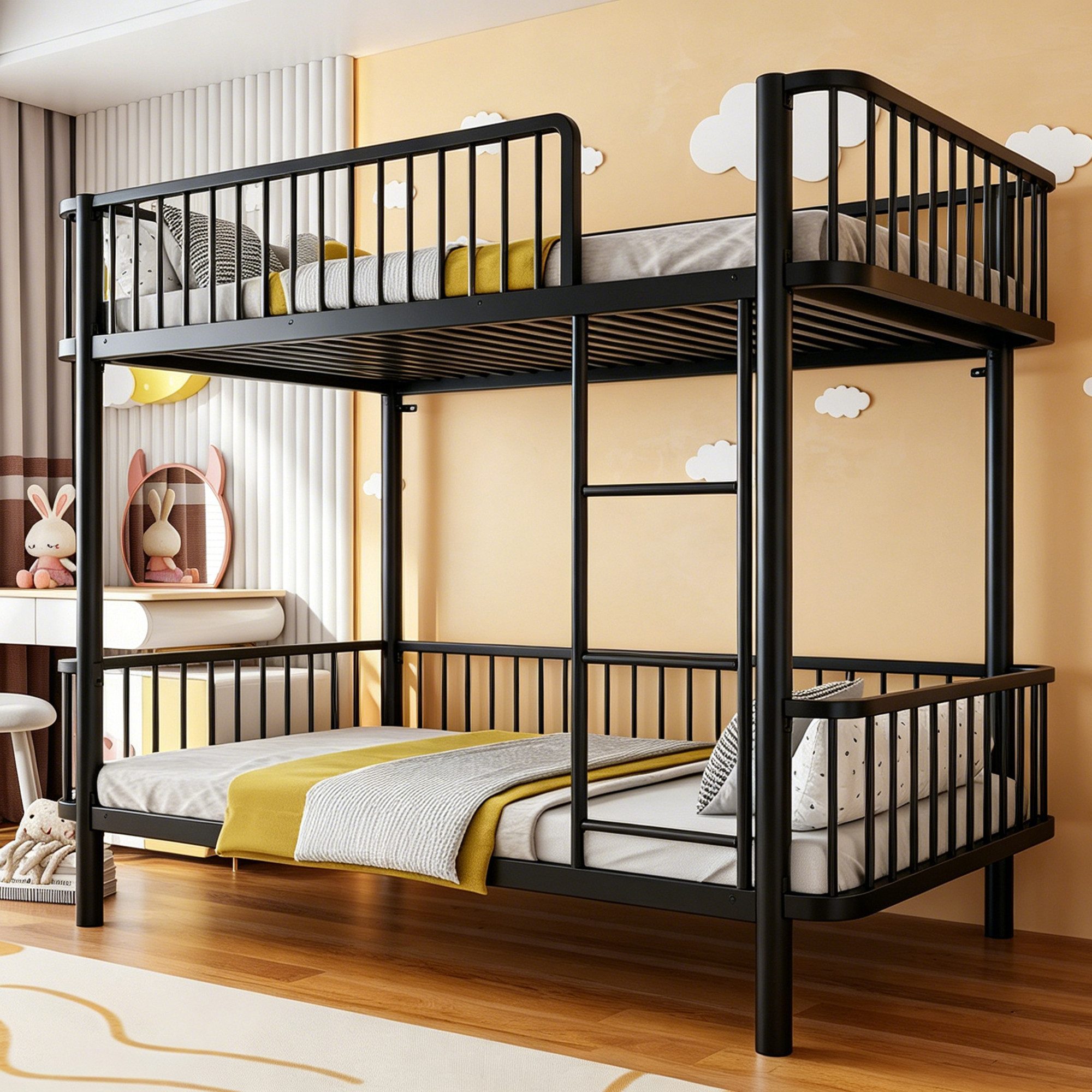 Flieks Etagenbett, Metall Kinderbett 90x200cm mit abgerundeten Ecken, Sicherheitsgeländer
