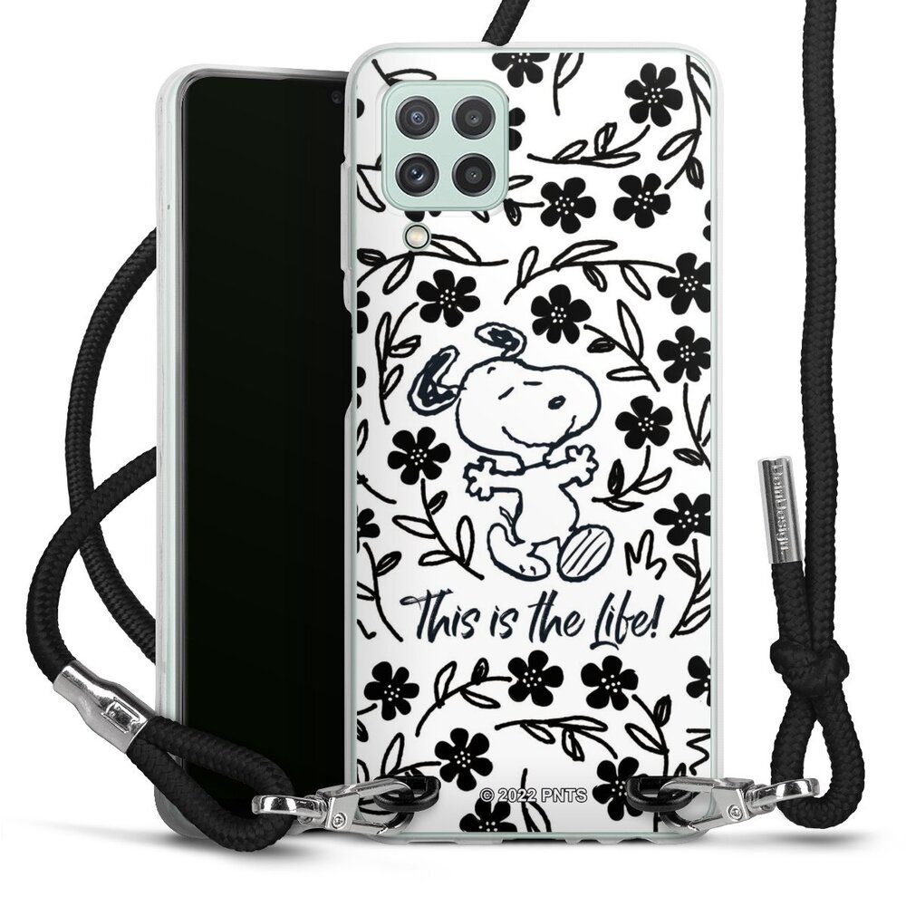 DeinDesign Handyhülle Peanuts Blumen Snoopy Snoopy Black and White This Is The Life, Samsung Galaxy A22 4G Handykette Hülle mit Band Case zum Umhängen