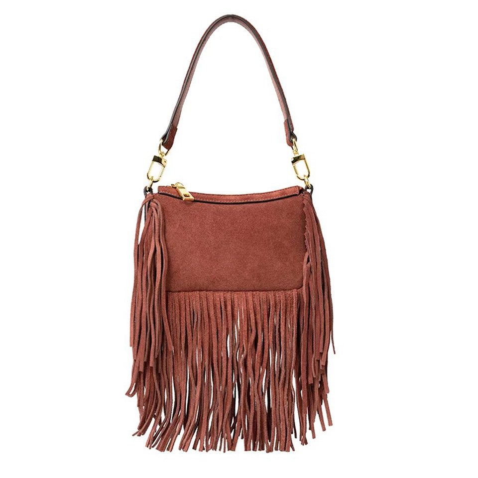 Satchel Umhängetasche aus Wildleder, Fransentasche im Maillard-Stil