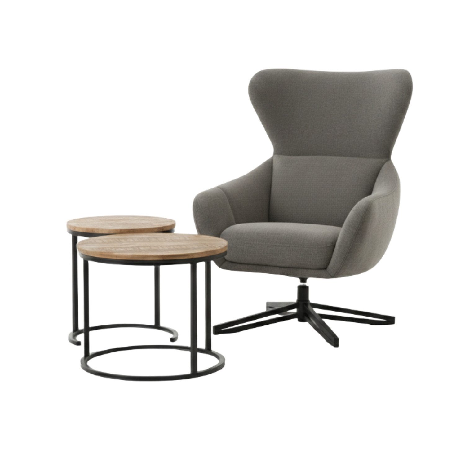 MR.DEKO Essgruppe Set Marconia dark grey & Beistelltische Fermo 2-tlg., (2‑teiliges Indoormöbel‑Set: 1x Sessel + 1x kleines Tisch-Set, 3-tlg), Drehbarer Ohrensessel mit Komfortpolster & 2x Mangoholz-Beistelltisch