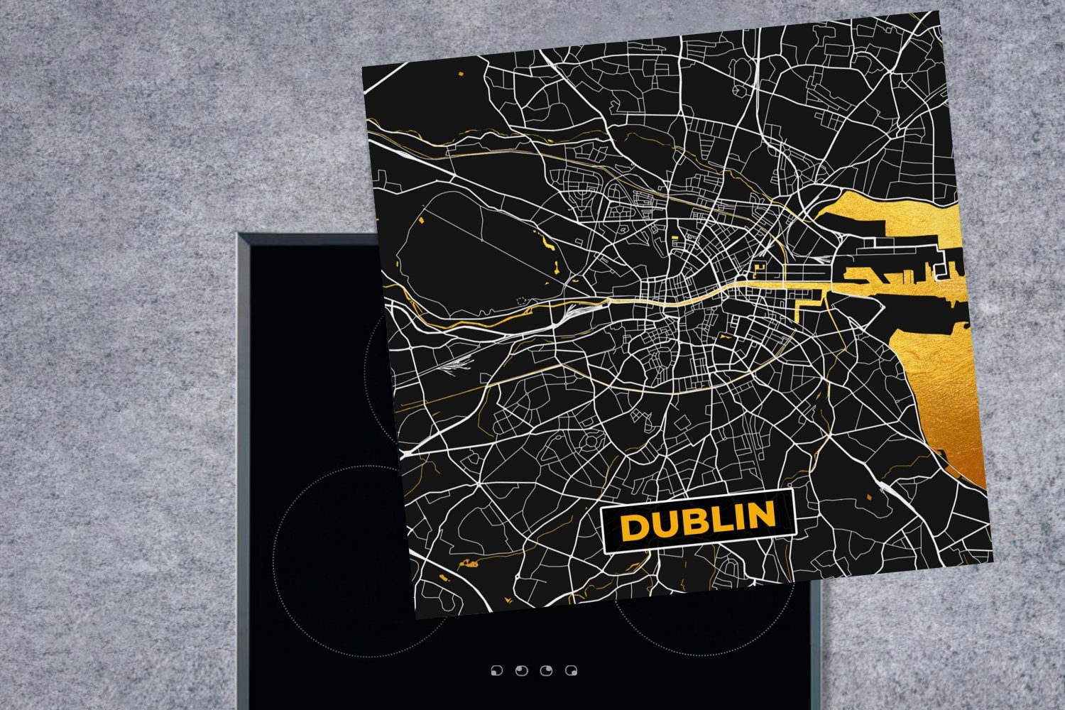 78x78 Dublin - tlg), für Herdblende-/Abdeckplatte Karte küche cm, - Vinyl, Stadtplan, Arbeitsplatte Ceranfeldabdeckung, MuchoWow Gold (1 -