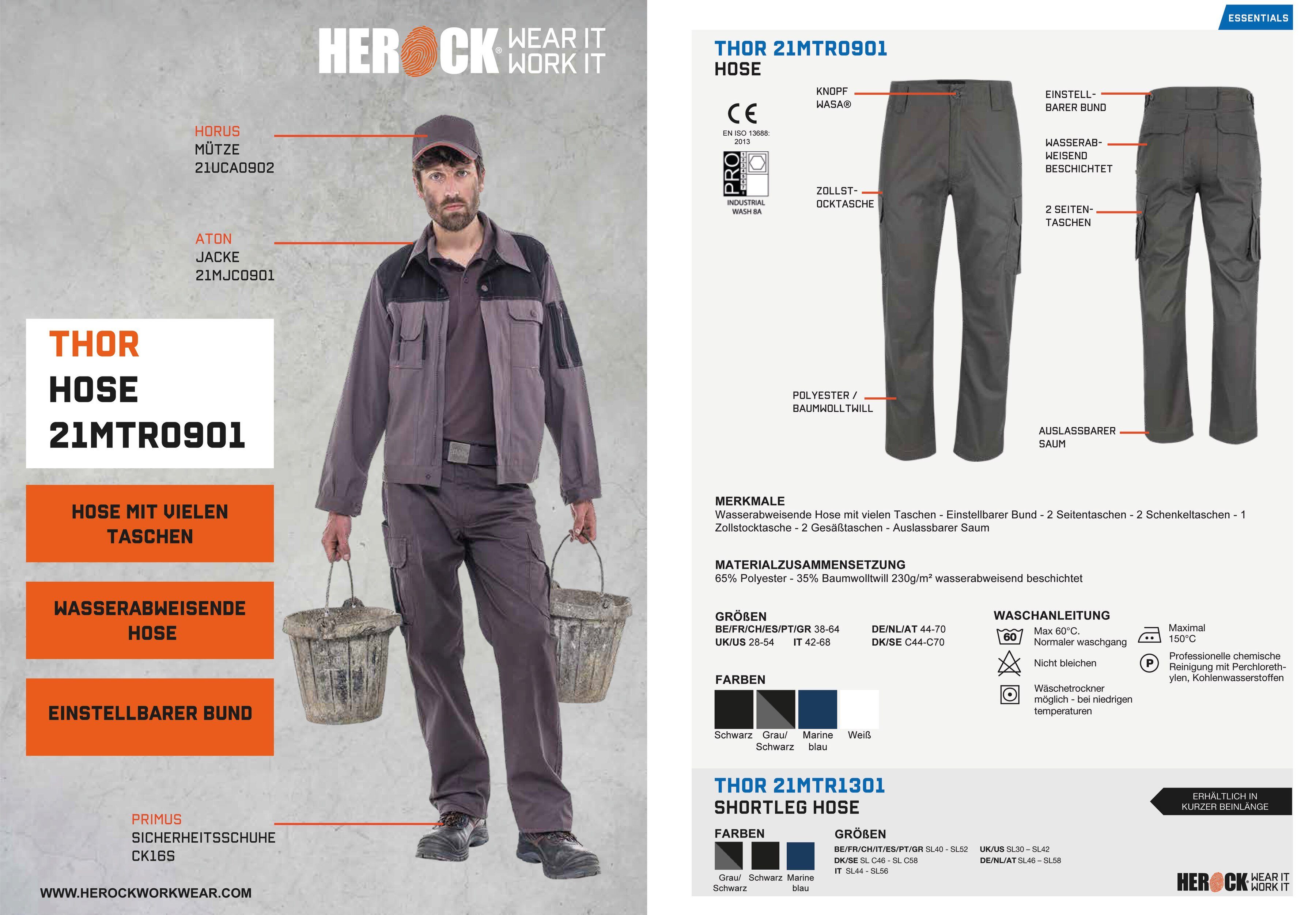 viele Wasserabweisend, Farben Taschen, Herock einstellbarer Hose Thor leicht, grau 7 Bund, Arbeitshose