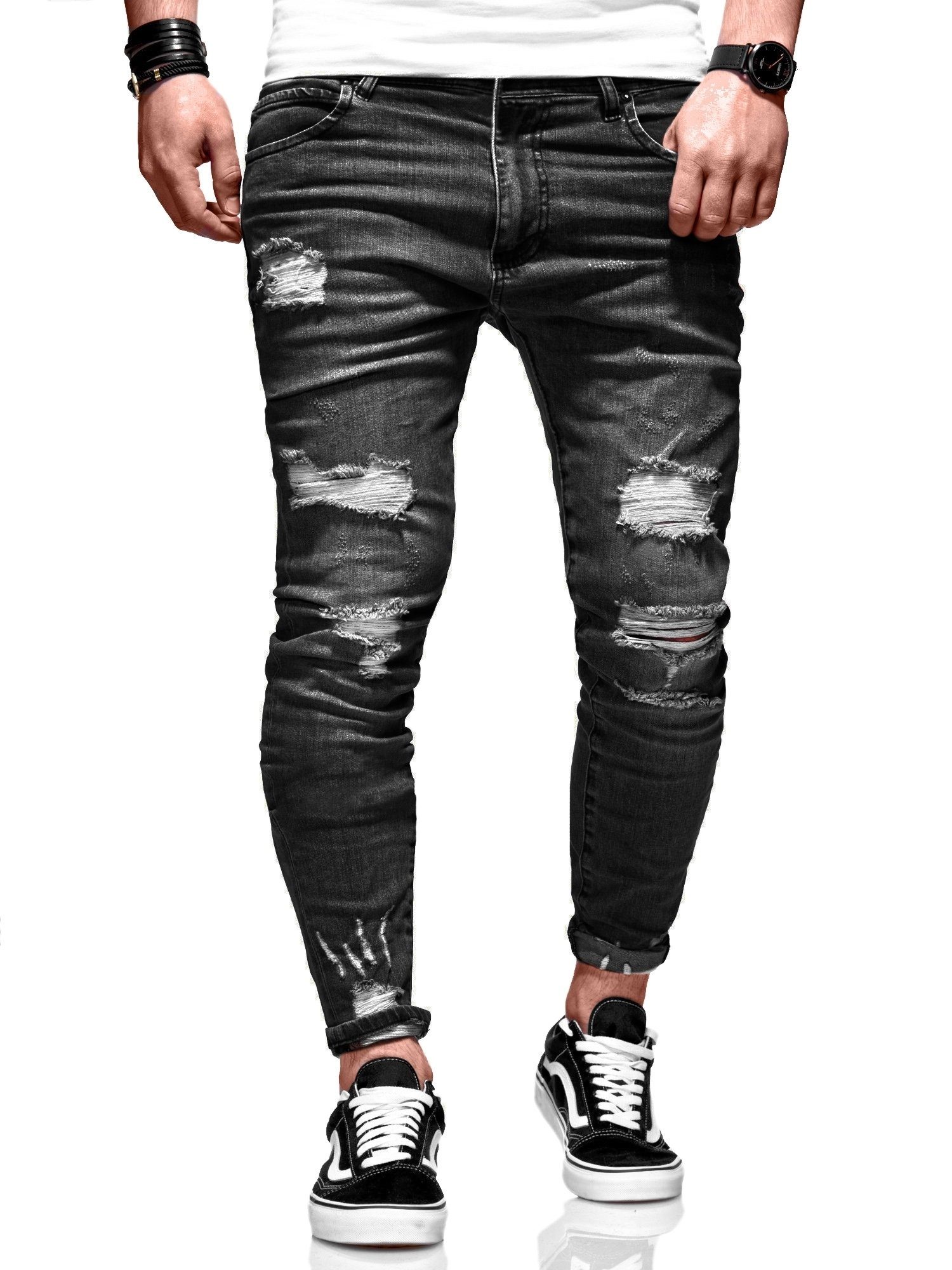 behype Slim-fit-Jeans Dino mit tollen Used-Elementen schwarz