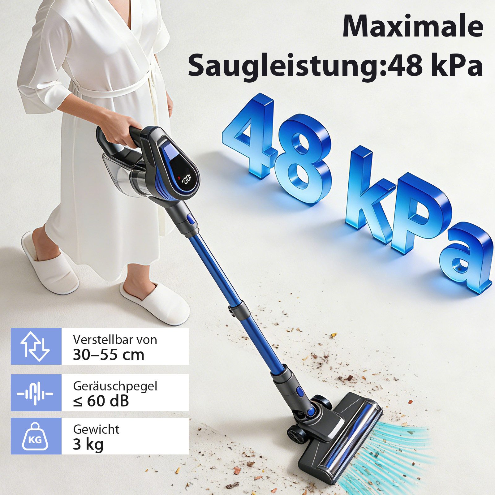 Grenintol Akku-Hand-und Stielstaubsauger 48000Pa Akku Staubsauger,Akku Handstaubsauger,Akkusauger Kabelloser, 300 W, beutellos, 6×2600mAh Hochleistungsakku • Leiser Betrieb
