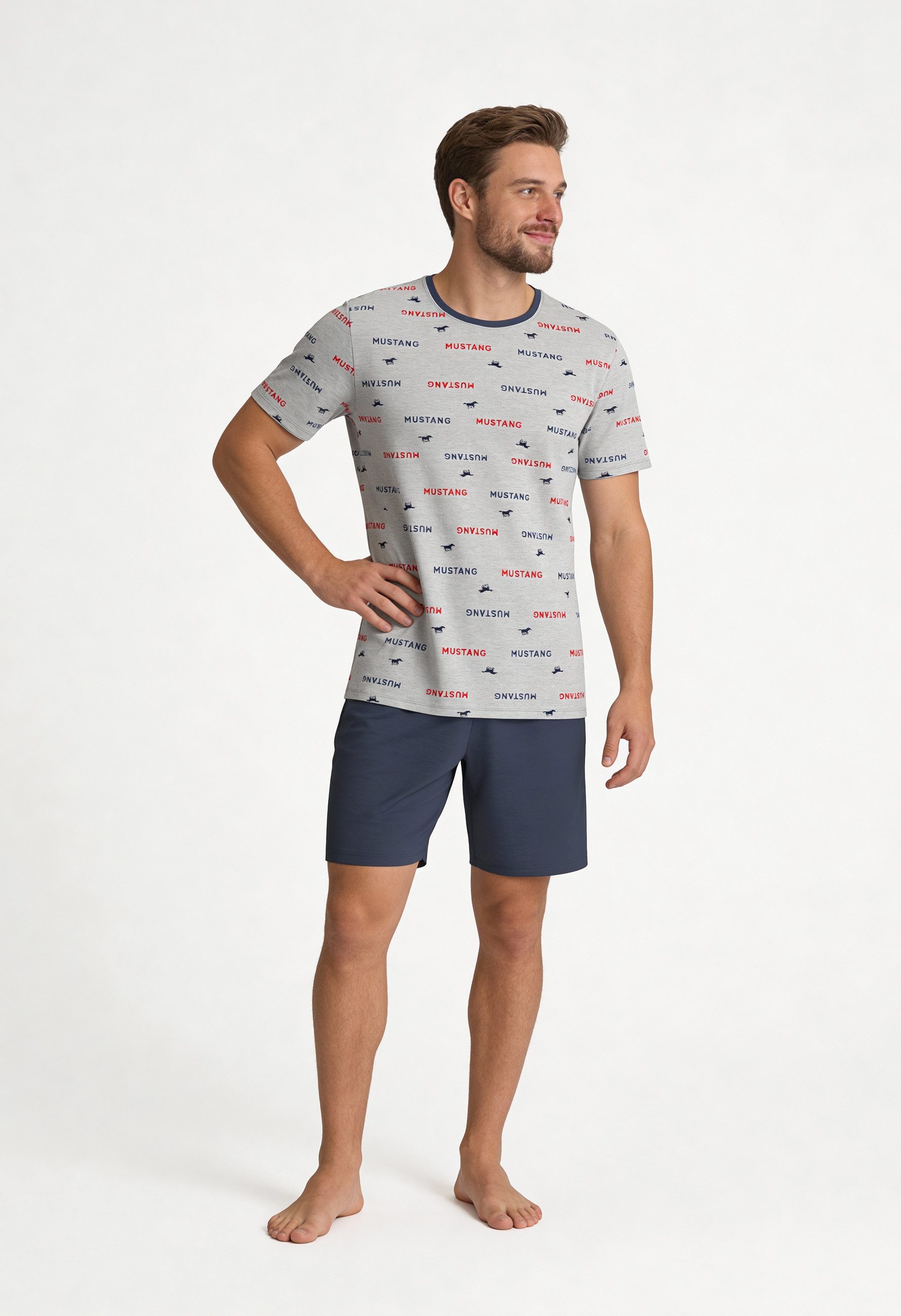 MUSTANG Schlafanzug ERIK Short-Set T-Shirt Short kurze Hose Pyjama Schlafkombi Nachtwäsche (2 tlg) Oberteil Alloverprint graumelange, Short navy