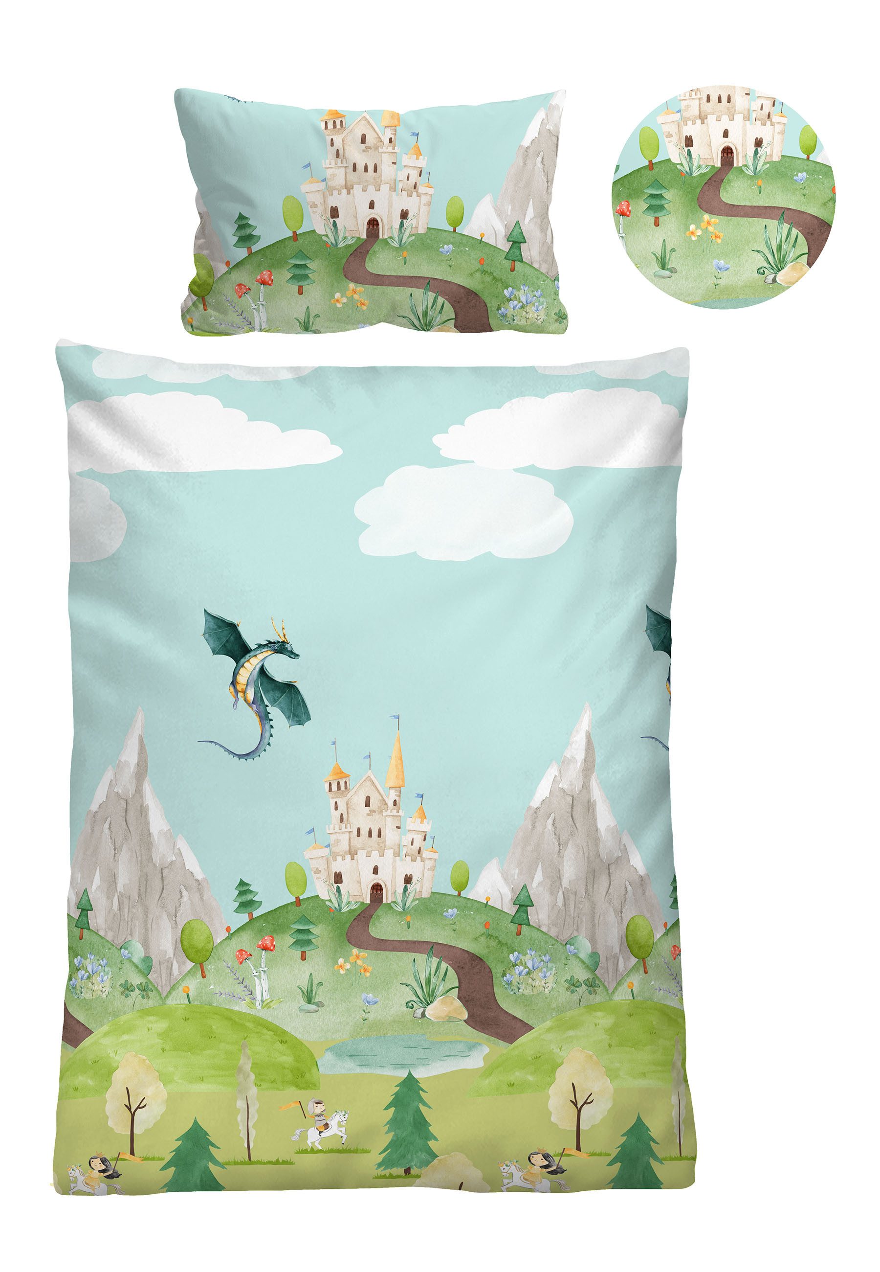 Biberna Kinderbettwäsche 0044331 Drache & Ritter, Linon, 2 teilig, hautfreundlich, kühlend, mit Reißverschluss, ganzjährig einsetzbar