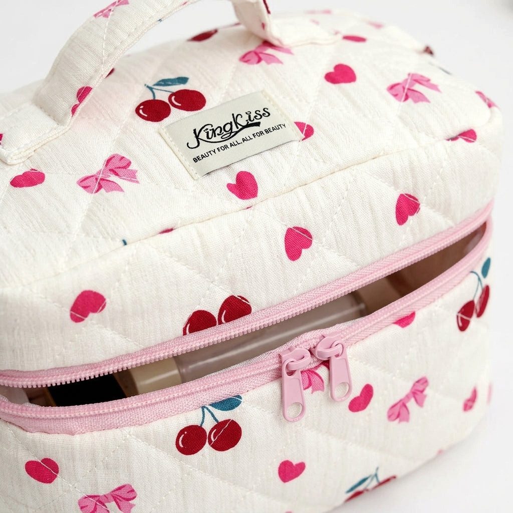 H-basics Kosmetikkoffer Kirschen-Design gesteppt Weiß-Rosa 16x16x25 cm