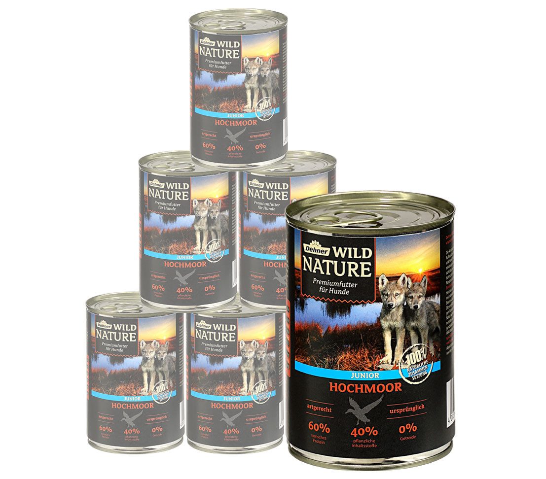 Dehner Wild Nature Hochmoor Junior Geflügel / Ente, 6 x 400 / 800 g Dose Ente, 2400g, Nassfutter für Welpen / junge Hunde, glutenfrei