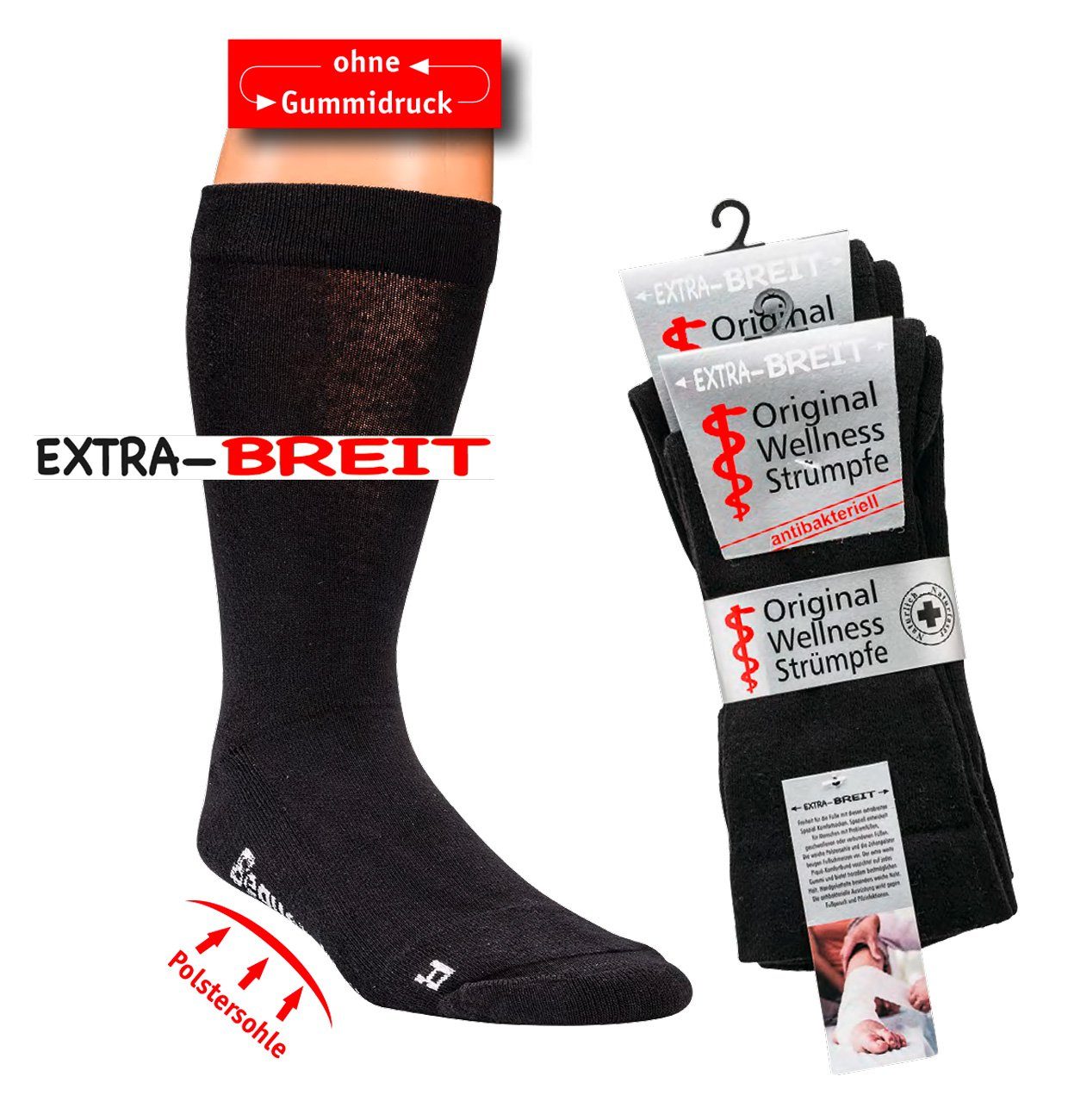 breit (2 Polstersohle Extra Socken weit Zehenpolster Paar) mit Diabetikersocken und Wowerat Diabetiker