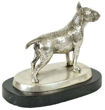 Casa Padrino Dekofigur Luxus Deko Bronzefigur Bullterrier Hund Silber / Schwarz 19 x 10 x H. 15 cm - Bronze Skulptur mit Marmorsockel - Dekofigur - Deko Accessoires