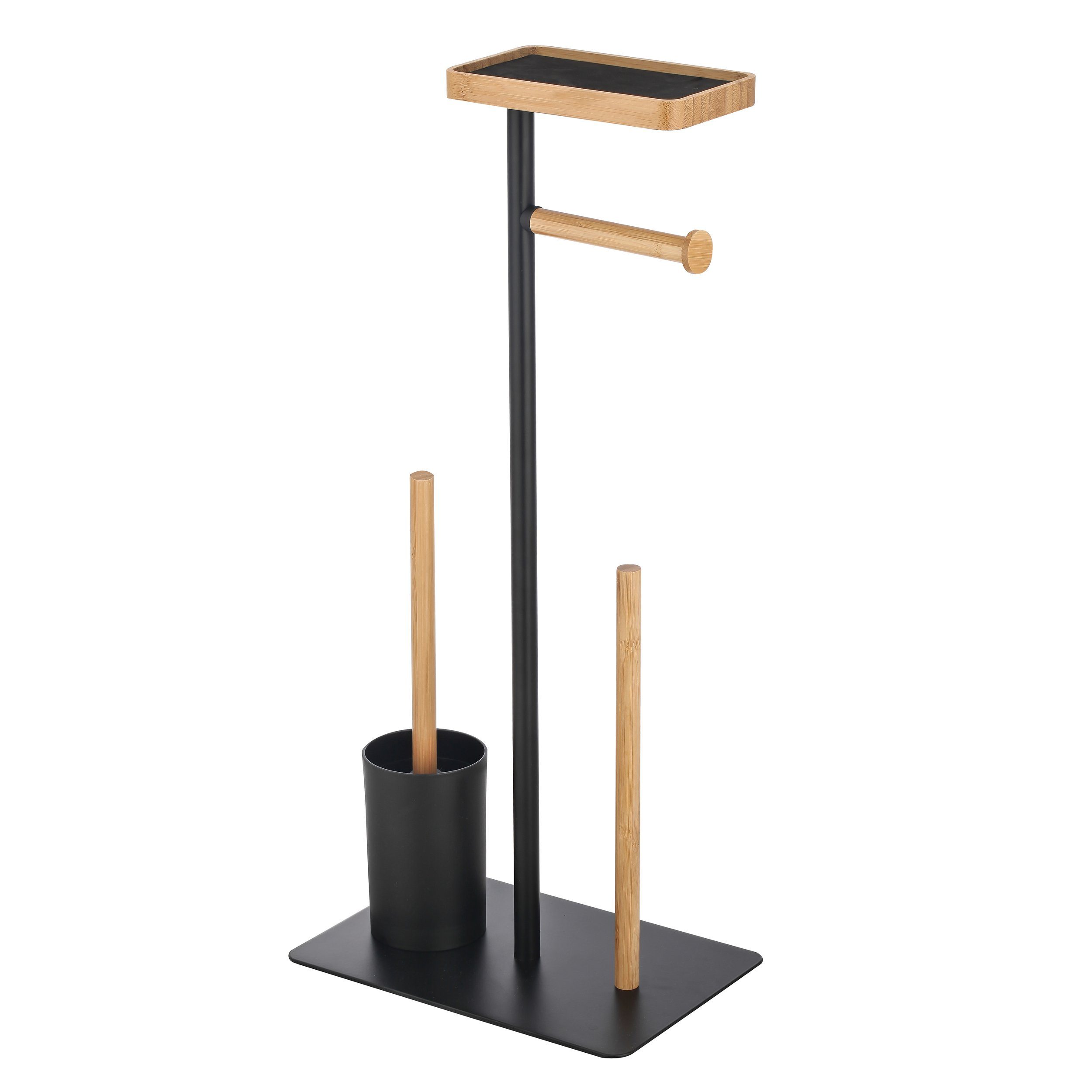 MSV WC-Garnitur TEIKI, 4 in 1 Kombination WC Garnitur, Держатели для туалетной бумаги und Ersatzrollenhalter, für bis zu 3 Ersatzrollen, extra-große Ablage für Smartphone & Handy, Bambus/beschichteter Stahl, edle matt-Optik, schwarz