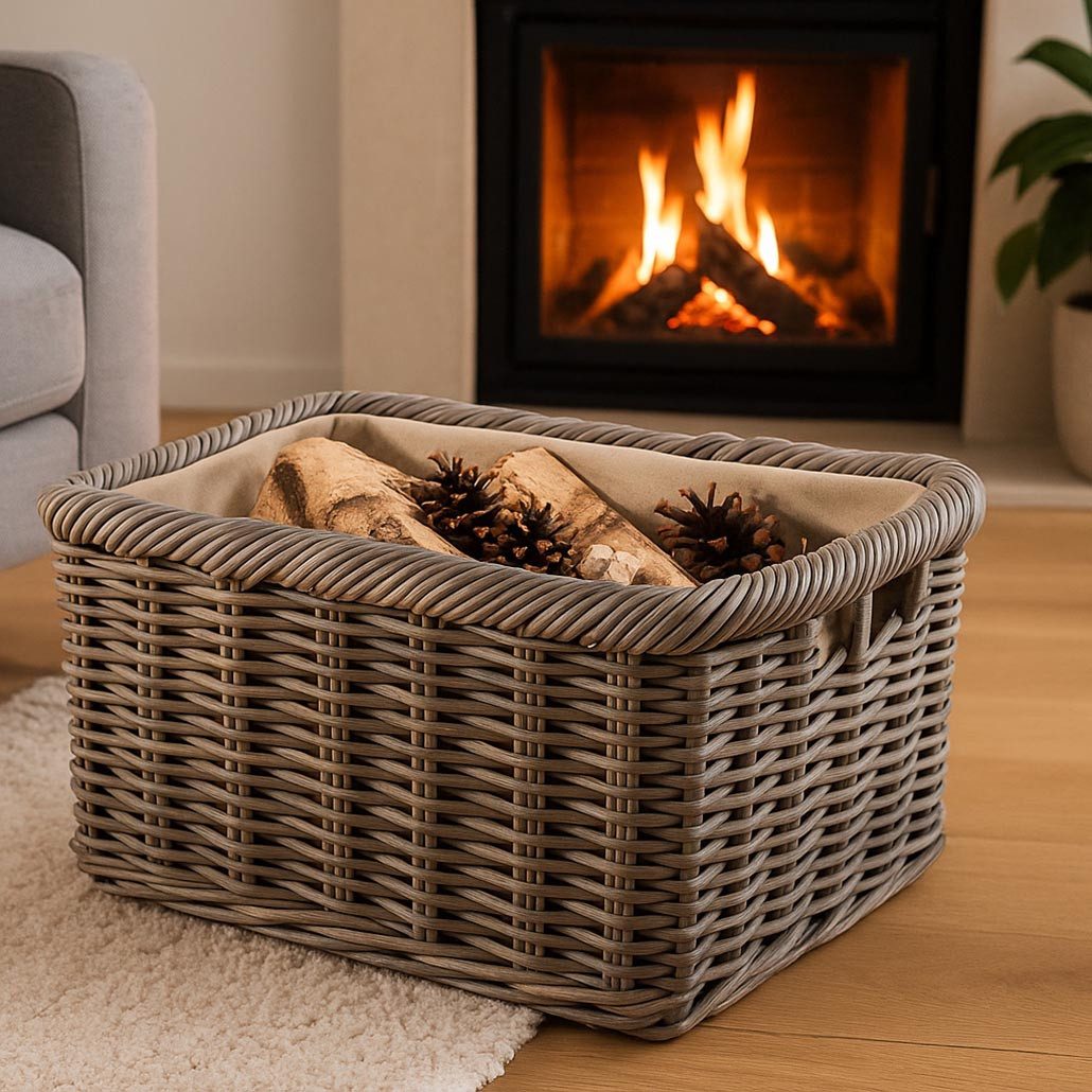 Kobolo Kaminholzkorb Holztrage Korb Rattan grau mit Jutestoff hell - Aufbew günstig online kaufen