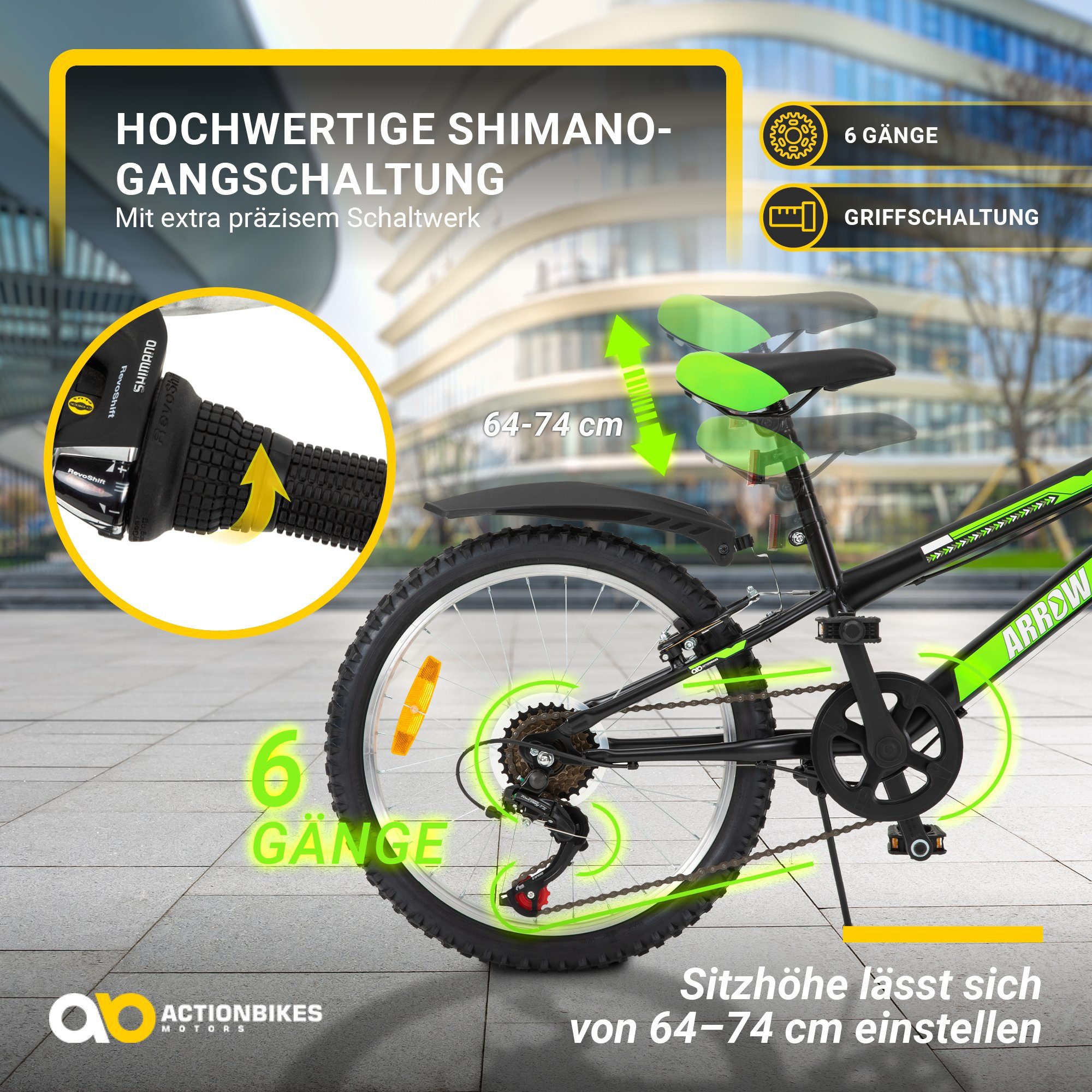 Actionbikes Motors Kinderfahrrad Arrow Fahhrad für Kinder Dirt Bike BMX, 6 Gang, Kettenschaltung, (Kinderfahrrad 20 Zoll, Fahrrad für Kinder, BMX, Fahrrad ab 6 Jahren, Kinder Fahrrad, Kinder Fahrrad mit verstellbarem Sitz, Fahrrad mit Ständer), höhenverstellbares Bike Jungen Mädchen Kinderrad ab 6 Jahre