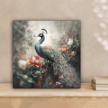 OneMillionCanvasses® Leinwandbild Pfau - Pfauenfedern - Vogel - Dschungel - Blumen, (1 St), Leinwand Bilder für Wohnzimmer Schlafzimmer, 20x20 cm