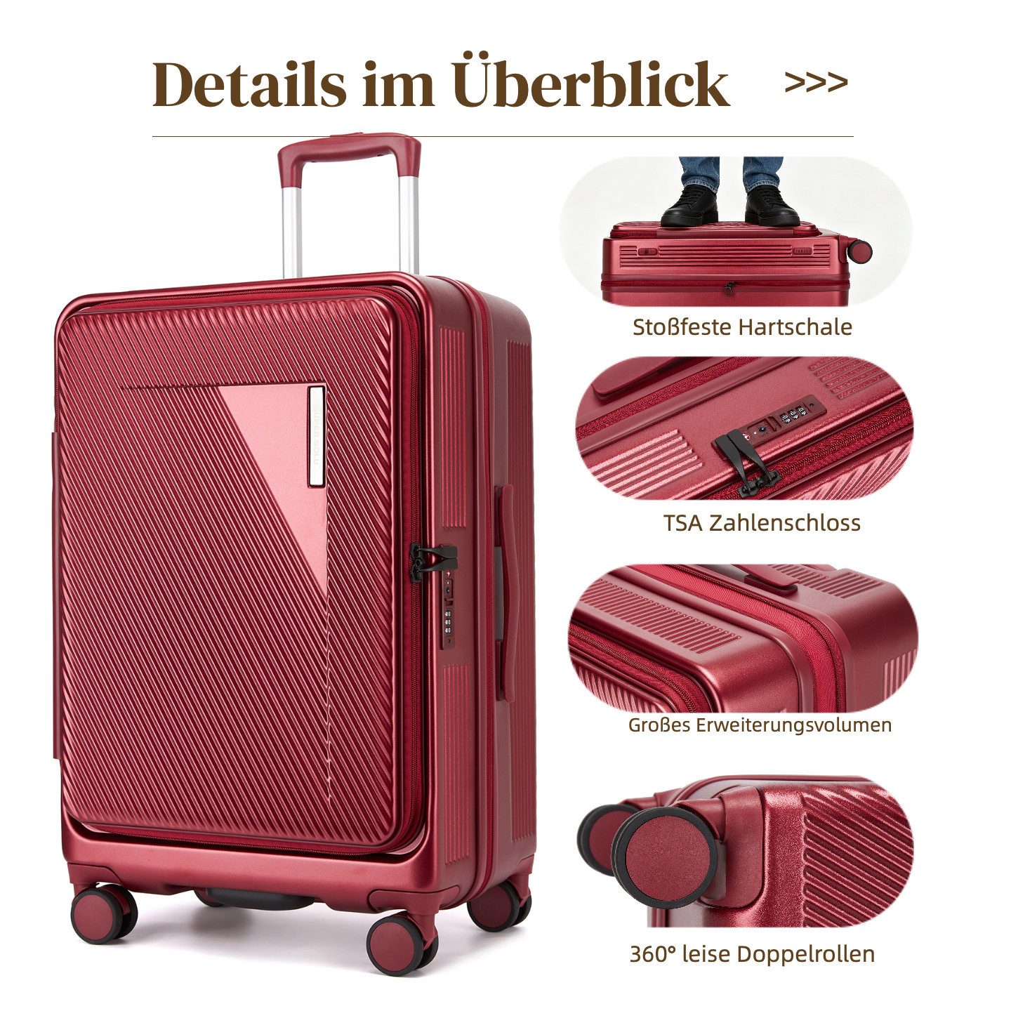 Super Solu Hartschalen-Trolley Erweiterbarer Reisekoffer mit Frontöffnung, Hartschalenkoffer 100% PC, 4 Rollen, 360° Doppelrollen, 24Zoll/66cm, Stoßfester Koffer mit TSA, Rot