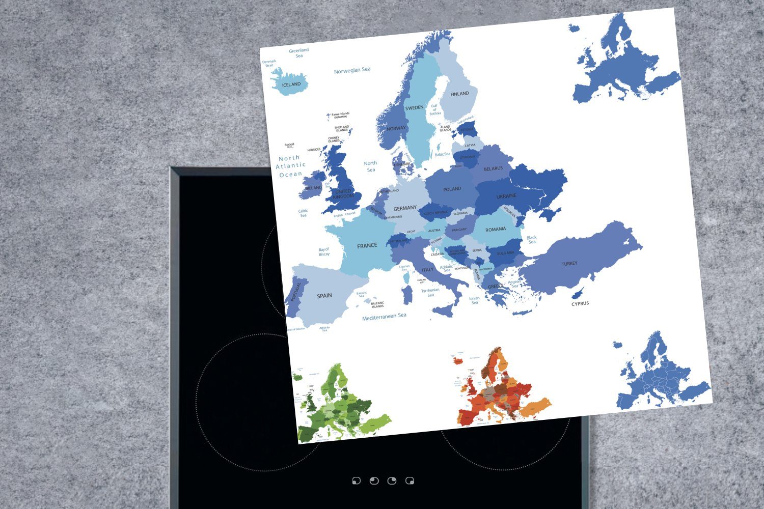 - Herdblende-/Abdeckplatte für tlg), 78x78 küche Vinyl, Arbeitsplatte Karte - Europa (1 MuchoWow cm, Blau, Ceranfeldabdeckung,