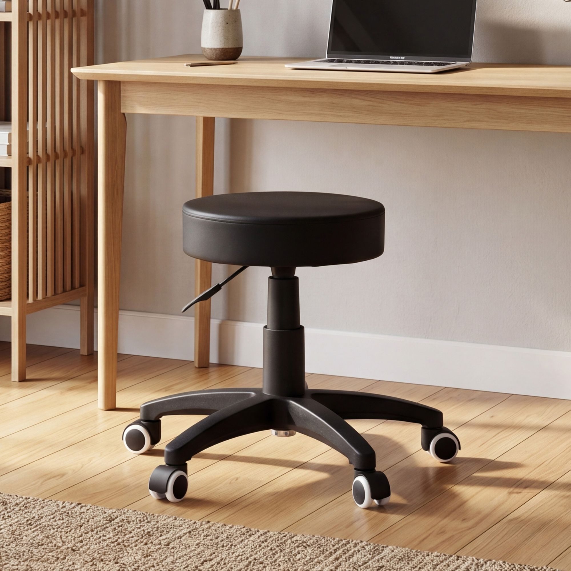 FINEBUY Arbeitshocker SuVa2753_1 Rollhocker Drehstuhl Praxishocker Kosmetikhocker (Sitzhocker mit Rollen, Kunstleder Schwarz 100 kg), Höhenverstellbar, Praxishocker Rund Gepolstert