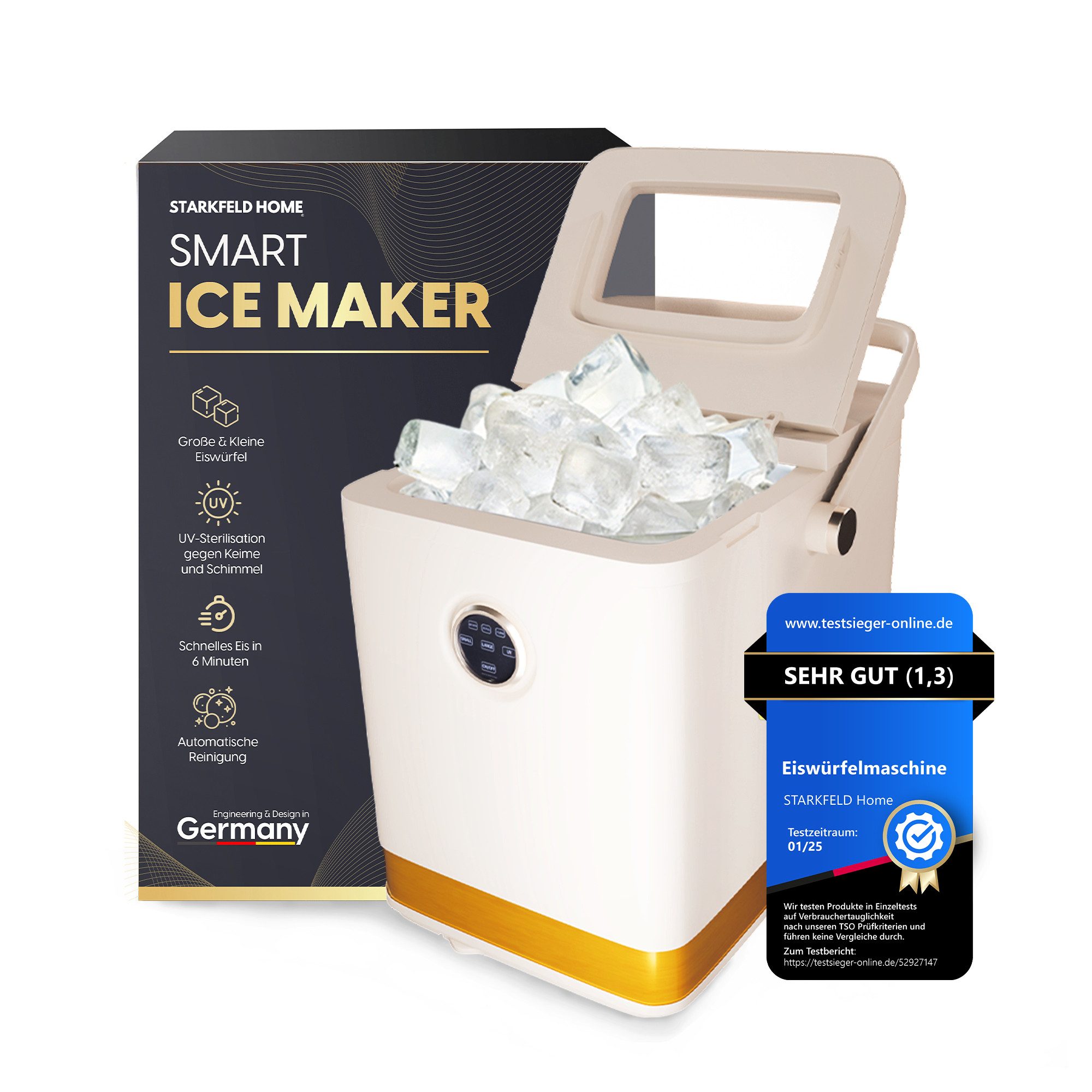 STARKFELD HOME® Eiswürfelmaschine IceMaker Pro – selbstreinigender Eiswürfelbereiter für Cocktails, German Enigneering mit Eis in nur 6 Minuten ;Tragbar mit UV Clean