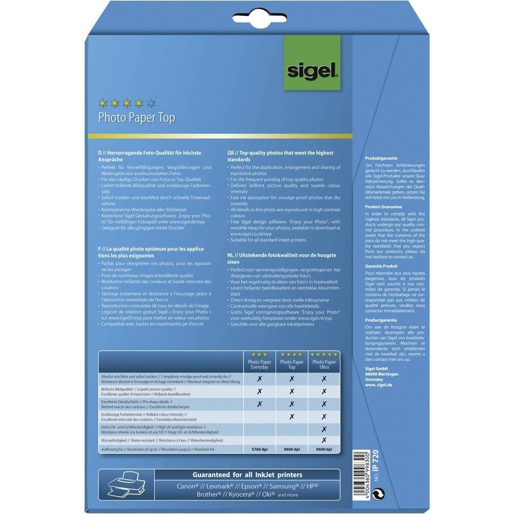 Sigel Fotopapier Inkjet Fotopapier Top, 2-seitig hochglänzend, 190 g/m², A4 IP720, Hochglänzend, Beide Seiten bedruckbar