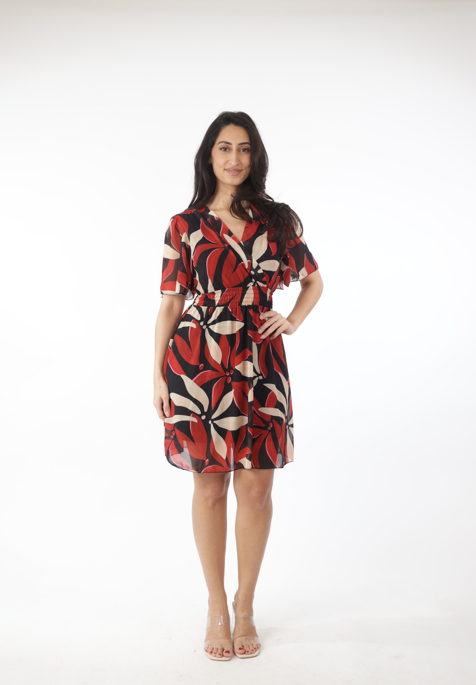A-Linien-Kleid Damen Sommerkleid mit Blumenmuster – Elegantes Kurzarm Kleid