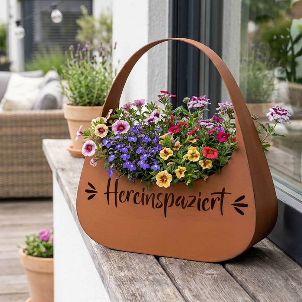 Harms Import Blumentopf, Blumentasche Pflanzgefäß Braun Rostoptik Tasche Hereinspaziert H 34 cm